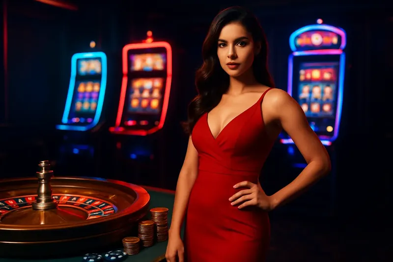 Bangladesh Casino Banner Elegant woman in red dress near roulette and slot machines with neon lights and gold coins in luxury casino