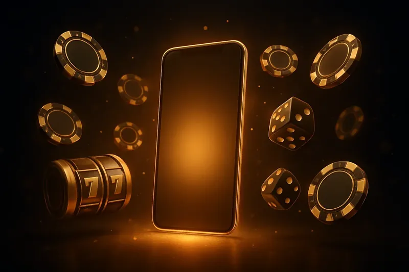 Glowing Smartphone Casino Banner Panoramic banner with glowing smartphone, casino chips, slot reels, dice, gold accents, and festive lighting